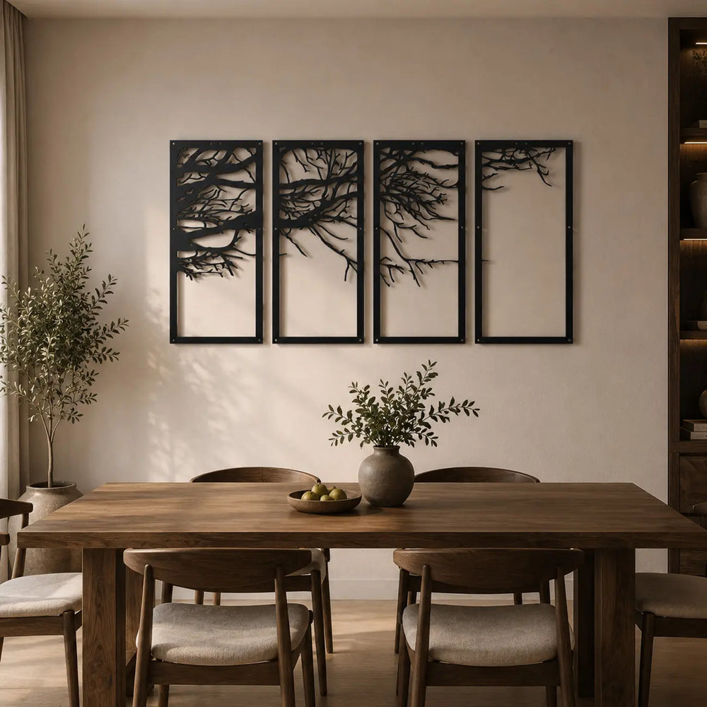 Geef je eethoek of eetkamer een elegante en moderne uitstraling met deze 4-delige metalen winterse takken. Perfect voor de lange muur boven de eettafel. 