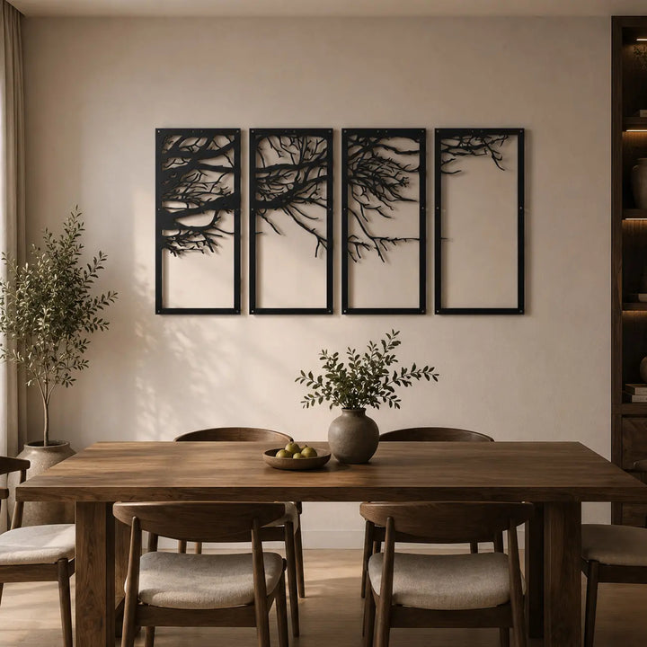 Geef je eethoek of eetkamer een elegante en moderne uitstraling met deze 4-delige metalen winterse takken. Perfect voor de lange muur boven de eettafel. 