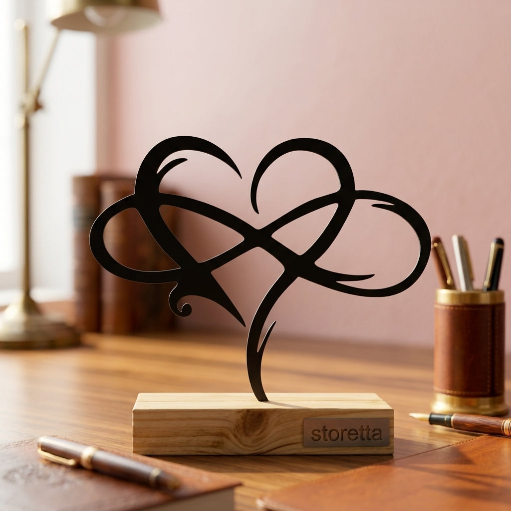 Het Eeuwigheidshart - Zwart metalen ornament met infinity hart op massief houten voet als romantische bureaudecoratie.