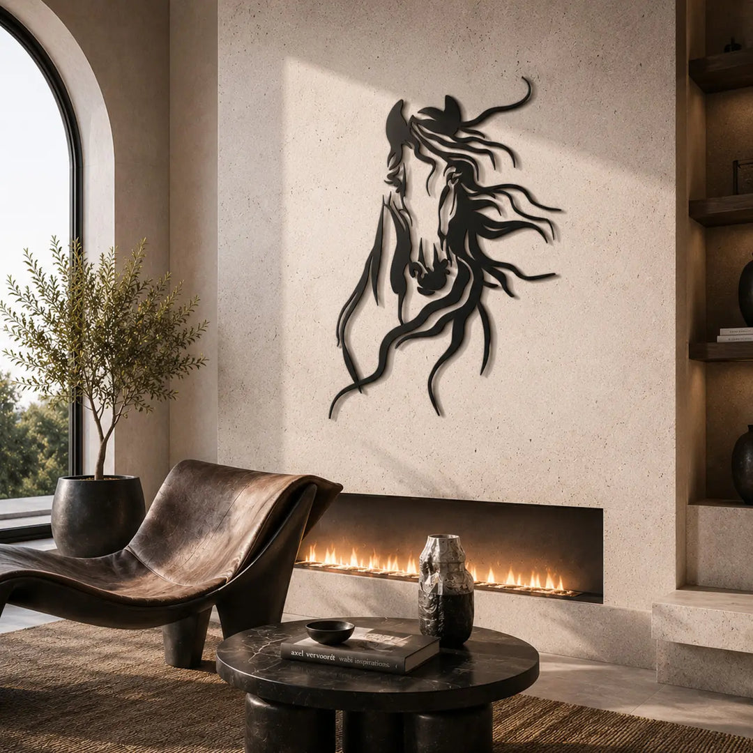 Moderne matzwarte wanddecoratie van een paardenhoofd. Een elegant en krachtig statement voor in een sfeervolle woonkamer.