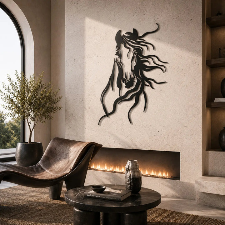 Moderne matzwarte wanddecoratie van een paardenhoofd. Een elegant en krachtig statement voor in een sfeervolle woonkamer.