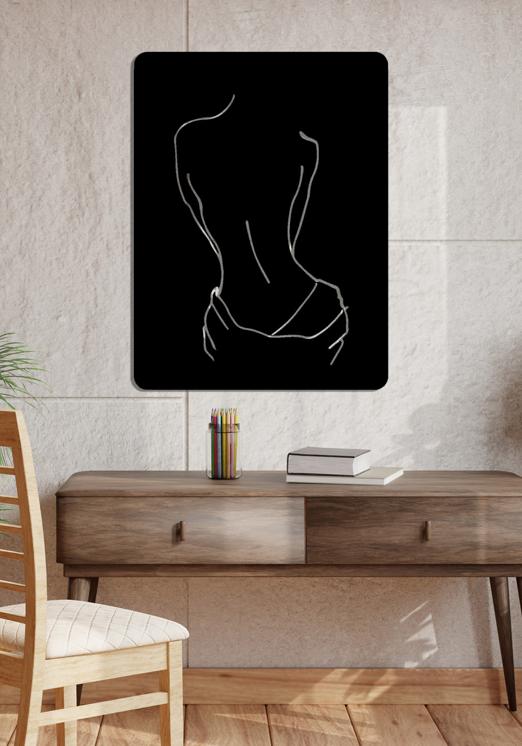 Elegante metalen wanddecoratie van een vrouwelijk silhouet voor boven het bureau. Een inspirerende en moderne line art toevoeging voor een stijlvol thuiskantoor of werkplek.