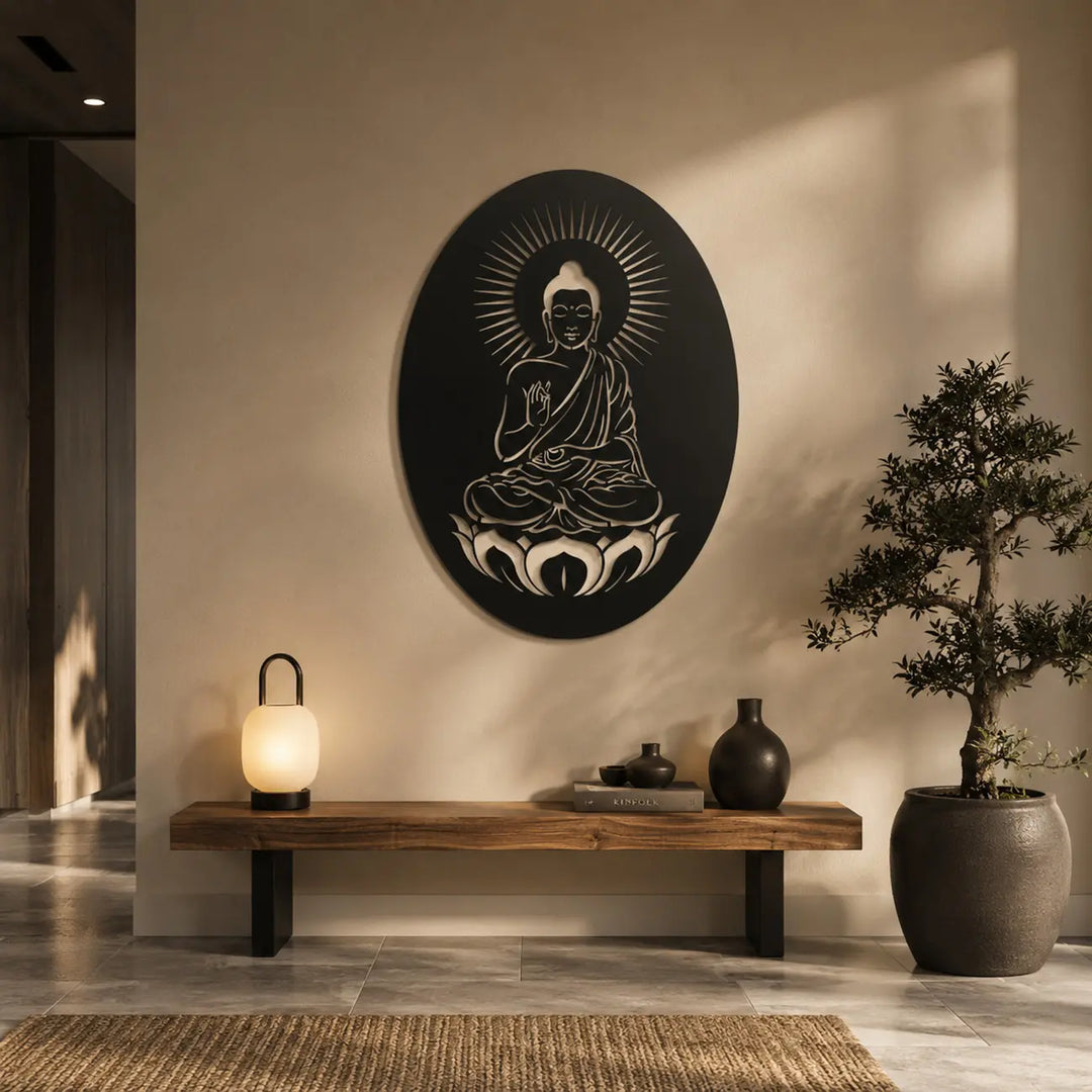 Geef je gasten een warme, positieve binnenkomst met de 'Boeddha Aura' wanddecoratie. Een stijlvolle en spirituele eyecatcher voor in de entree.