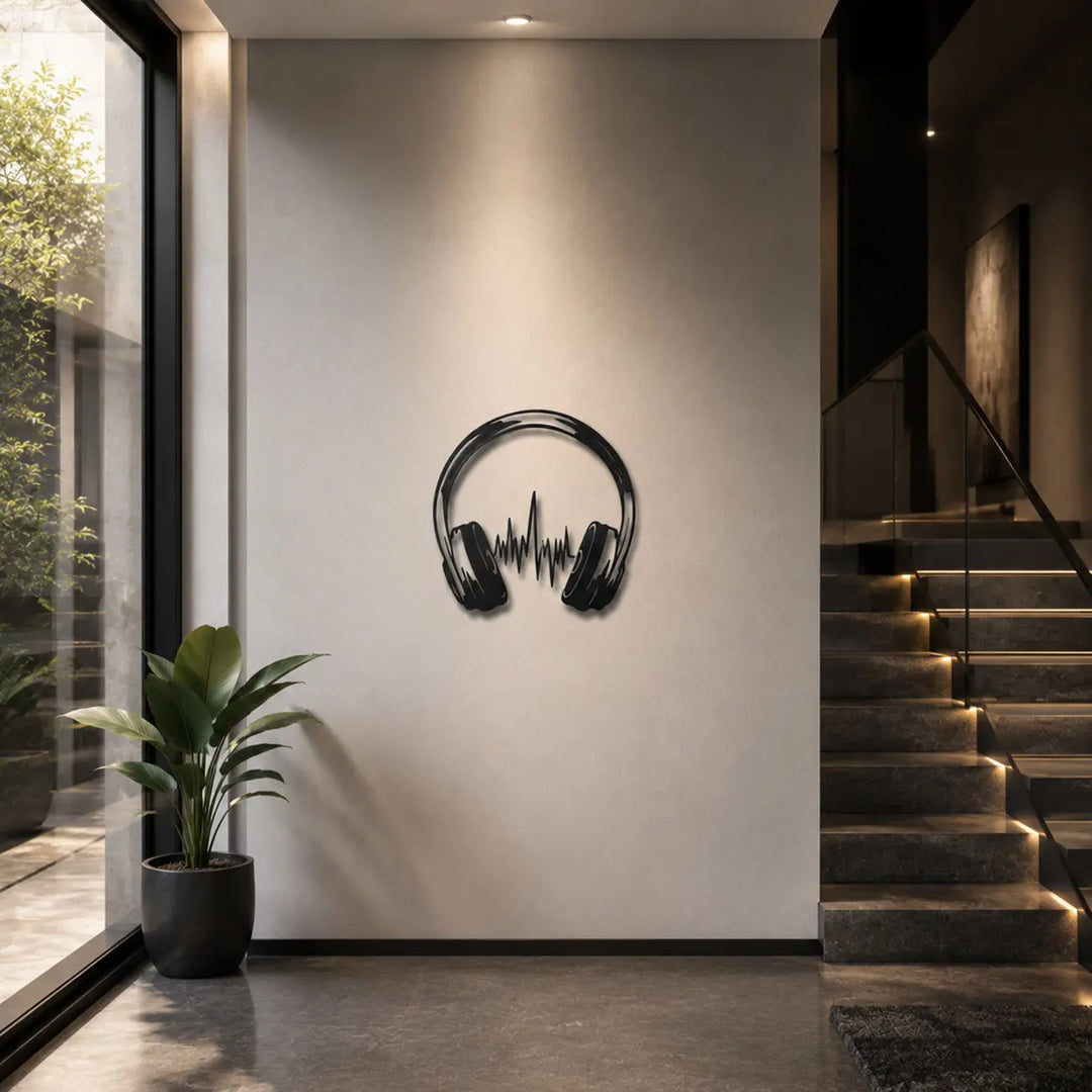 Geef je entree of trappengat een dynamische en moderne uitstraling. De 'Soundwave' koptelefoon muurdecoratie is een unieke binnenkomer met 3D-effect!
