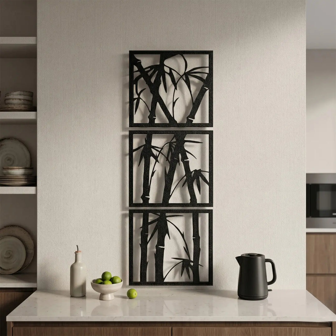 Metalen wanddecoratie woonkamer zwart set van 3 bamboestengels drieluik