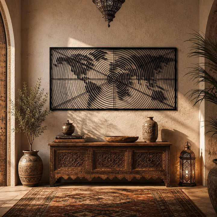 Zwarte metalen wereldkaart wanddecoratie, sfeervol hangend aan de muur in een etnische en bohemian stijl hal met warme tinten en een kelim tapijt.