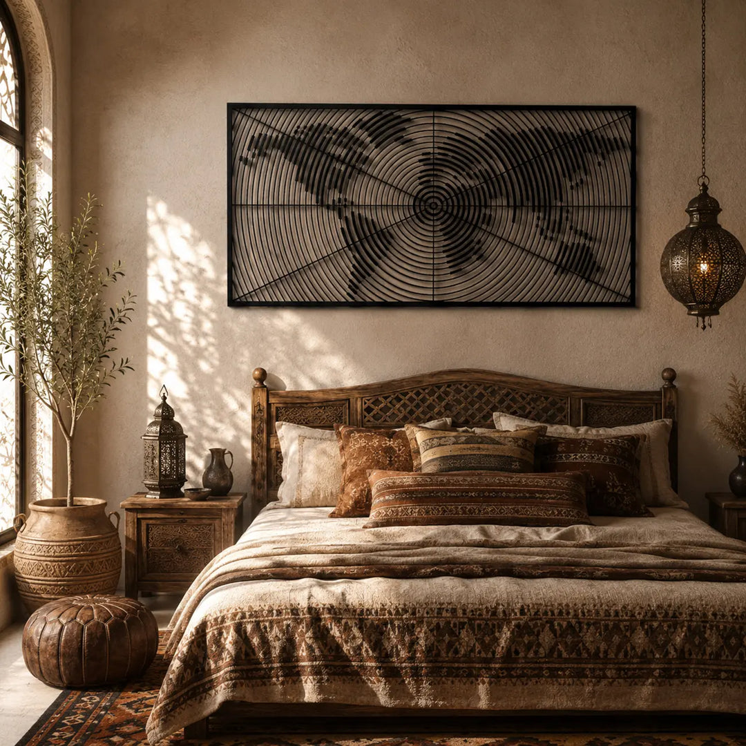 Zwarte metalen wereldkaart wanddecoratie, sfeervol hangend boven het bed in een warme, etnische en bohemian stijl slaapkamer vol natuurlijke elementen.
