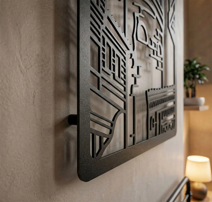 Detailopname van de Galata Toren metalen wanddecoratie. Het slimme ophangsysteem creëert een prachtig 3D-schaduweffect op de muur.