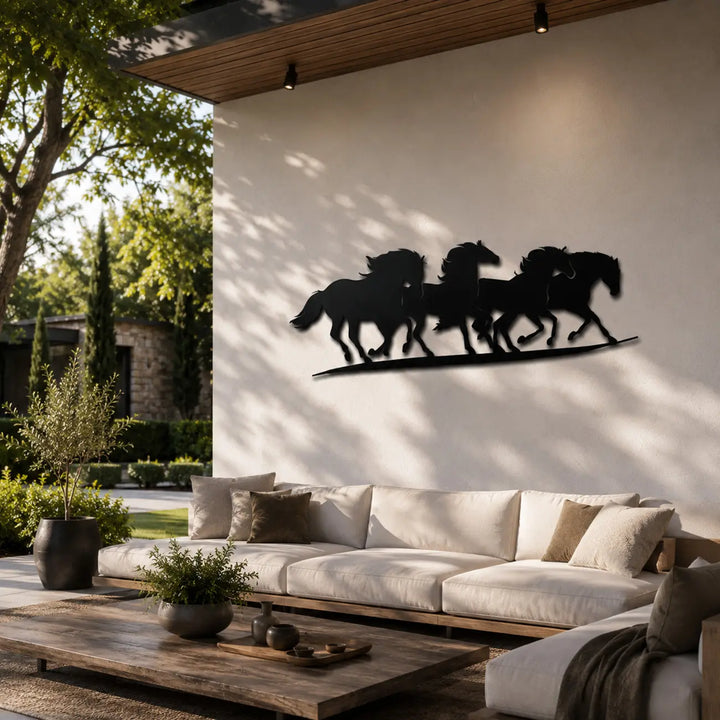 Indrukwekkende metalen wanddecoratie van een paardenkudde in een sfeervolle zithoek in de tuin. De perfecte, weerbestendige blikvanger voor buiten onder een pergola.