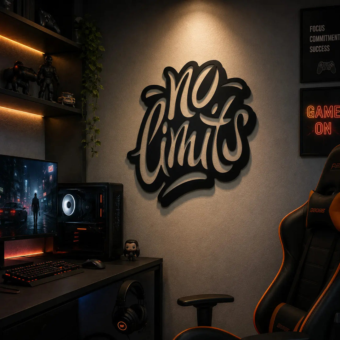 warte 'No Limits' metalen muurdecoratie hangend boven een gaming setup met RGB verlichting in een tienerkamer.
