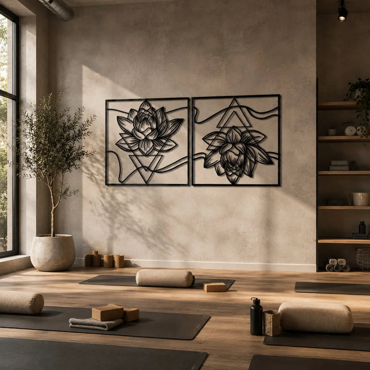 Set van 2 geometrische lotusbloem metalen wanddecoratie. Creëer een rustgevende en zen sfeer in uw yogakamer of meditatieruimte.