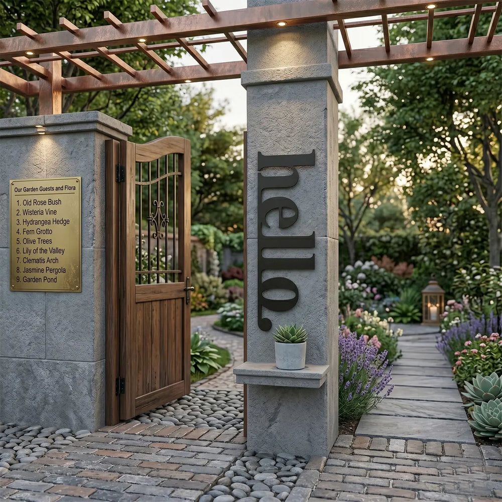 Verticale zwarte metalen 'hello' wanddecoratie in een gezellig café. Een warm en modern welkom voor gasten bij de entree of koffiebar.