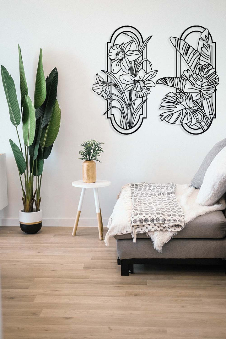 Set van 2 metalen botanische panelen. Transformeer een lege hoek in uw woonkamer tot een knusse, stijlvolle leeshoek met deze natuurlijke wanddecoratie.