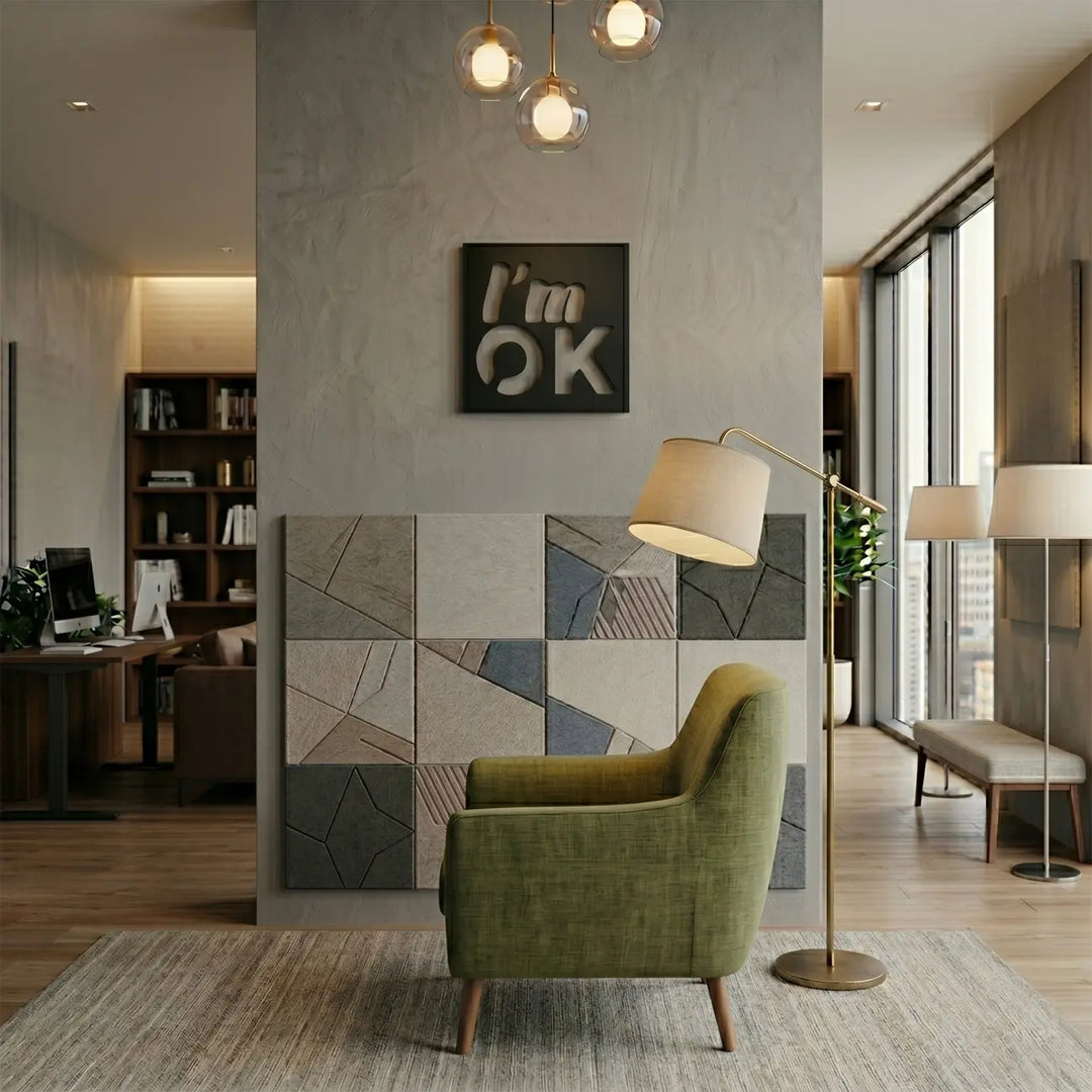 Zwarte metalen 'I'm OK' wanddecoratie boven de bank. Breng een vleugje positiviteit en moderne typografie in uw gezellige woonkamer.
