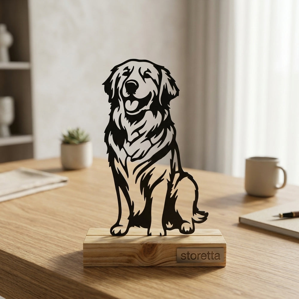 Golden Retriever beeldje op sokkel met gedetailleerde vachtlijnen, perfect voor vensterbank of dressoir.