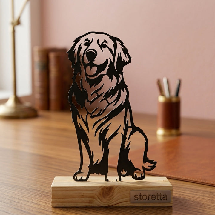 De Golden Retriever - Zwart metalen ornament op massief houten voet als karaktervolle bureaudecoratie.