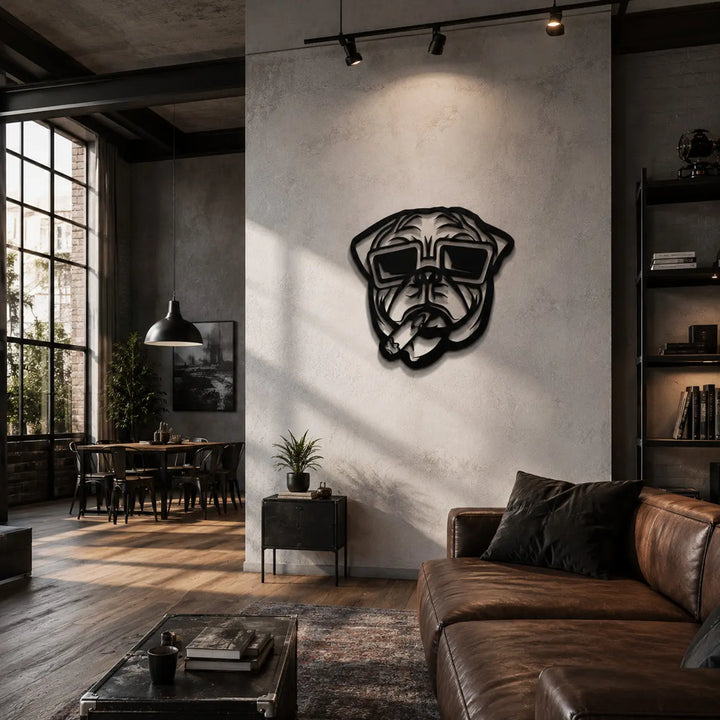 Zwarte metalen pug met zonnebril hangend boven een bank in een moderne, speelse woonkamer.