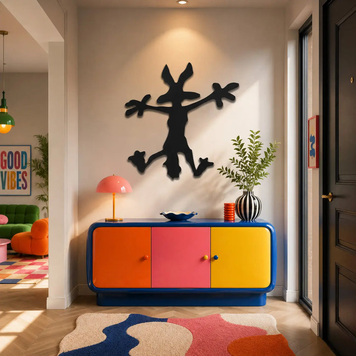 Verwelkom uw gasten met een glimlach. Zwarte metalen wanddecoratie van Wile E. Coyote, een originele en humoristische eyecatcher voor in de hal of entree.