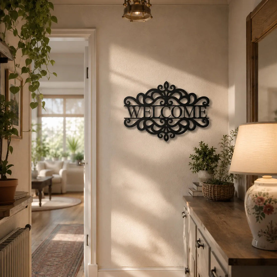 De perfecte verwelkomende 'Welcome' wanddecoratie in de gang of hal. The perfect welcoming metal wall decor in the hallway or entryway.