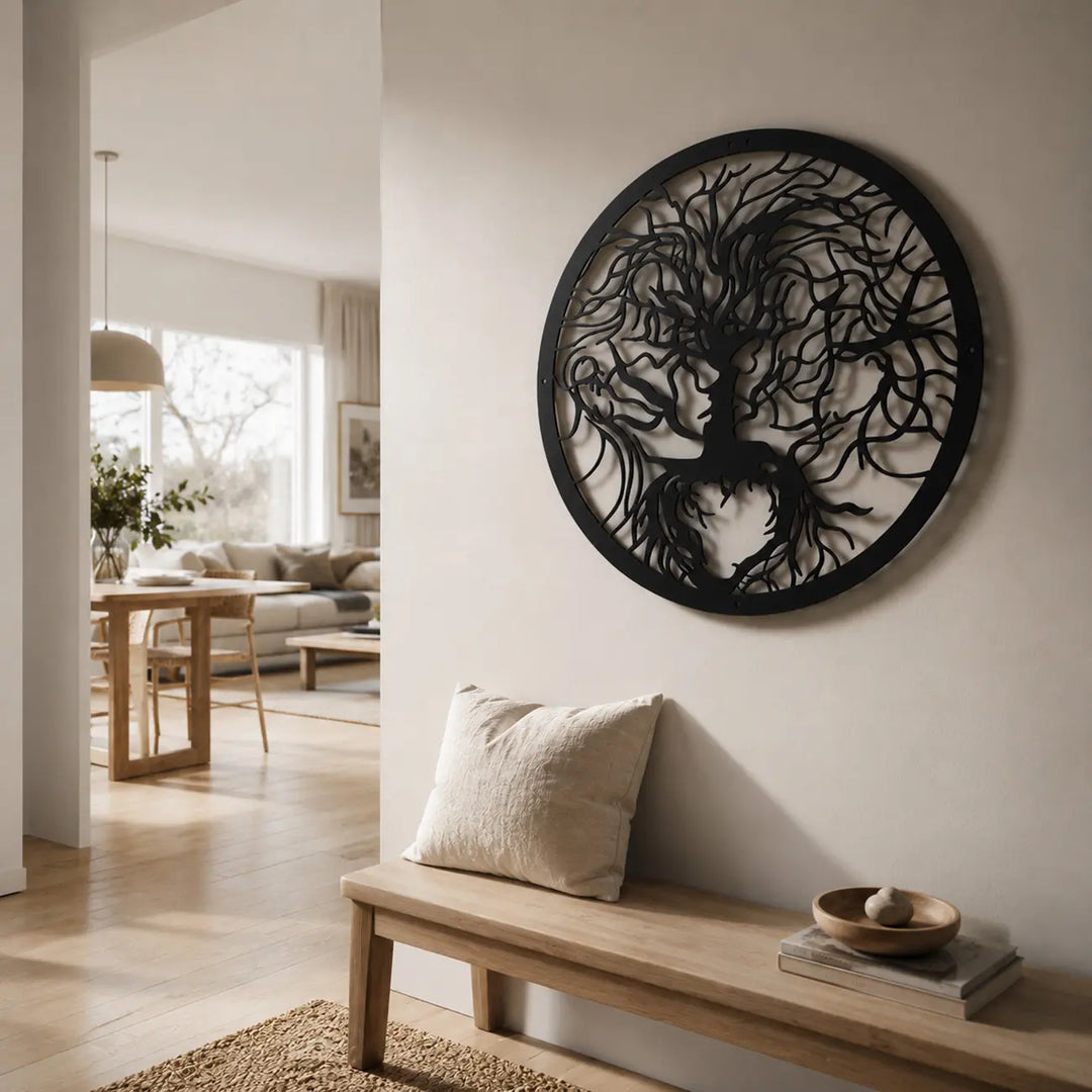 Een warm welkom in de hal met de betekenisvolle 'Tree of Life' wanddecoratie. A warm welcome in the hallway with the meaningful 'Tree of Life' wall decor.
