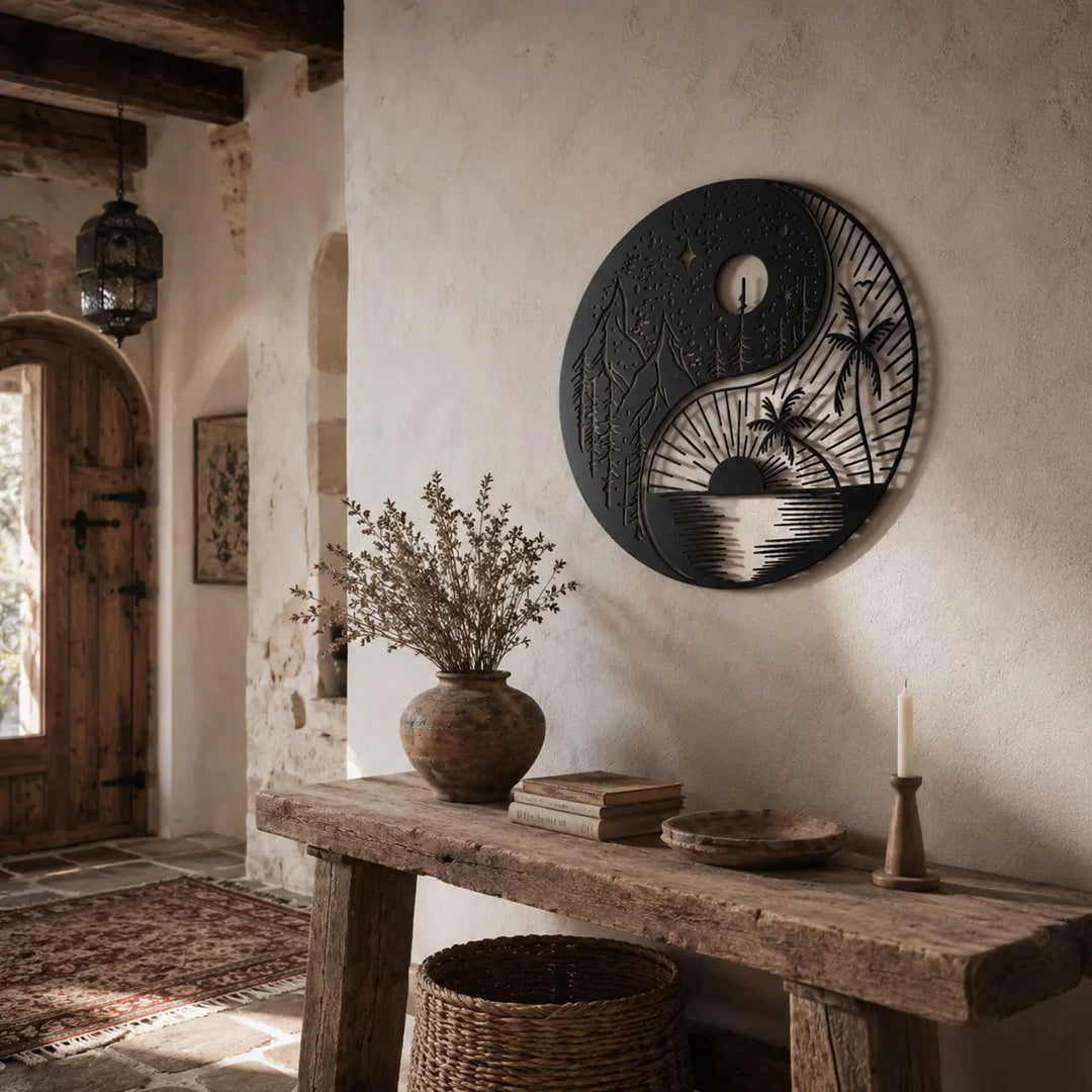 Een gebalanceerd welkom in de hal met de 'Yin Yang World' wanddecoratie. A balanced welcome in the hallway with the 'Yin Yang World' wall decor.