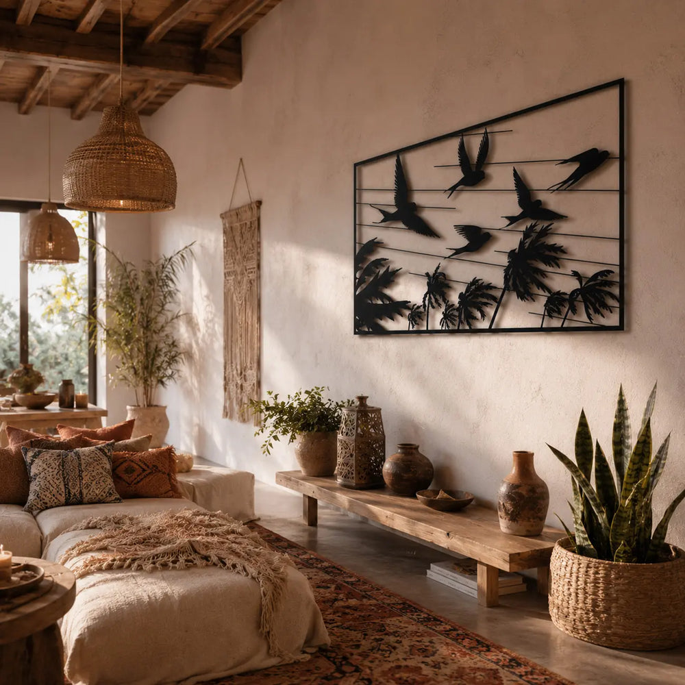 Een vrolijk welkom in de hal met de 'Tropical Flight' wanddecoratie. A cheerful welcome in the hallway with the 'Tropical Flight' wall decor.