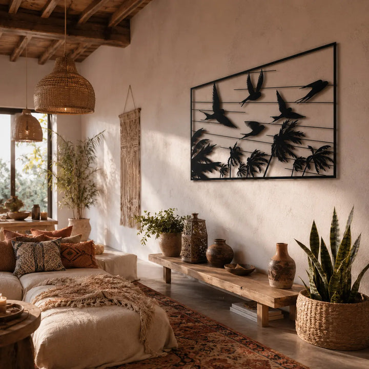 Een vrolijk welkom in de hal met de 'Tropical Flight' wanddecoratie. A cheerful welcome in the hallway with the 'Tropical Flight' wall decor.