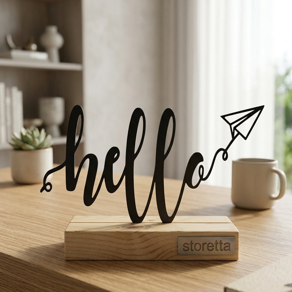 Hello beeldje op sokkel met vliegend papieren vliegtuigje, perfect voor op sidetable in de hal of receptie.