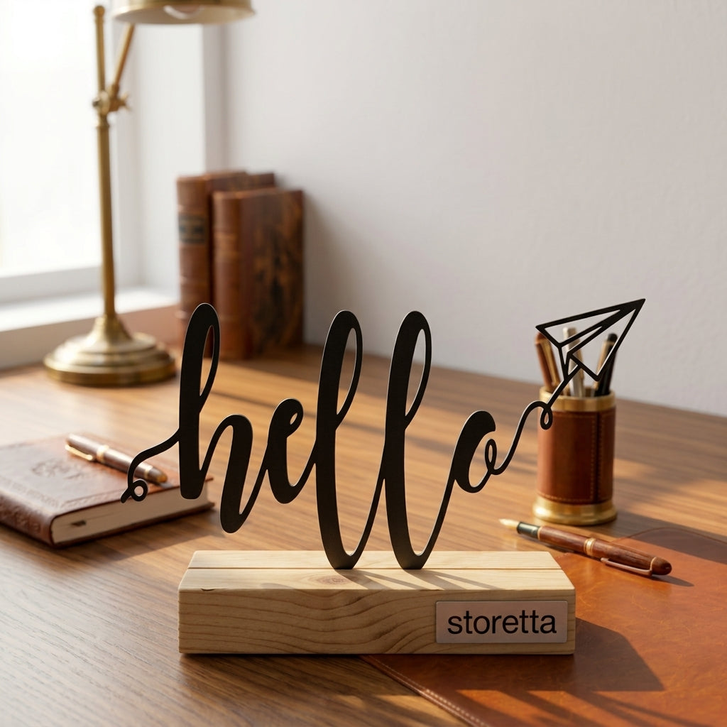 Hello met papieren vliegtuigje - Zwart metalen ornament op massief houten voet als gastvrije bureaudecoratie.
