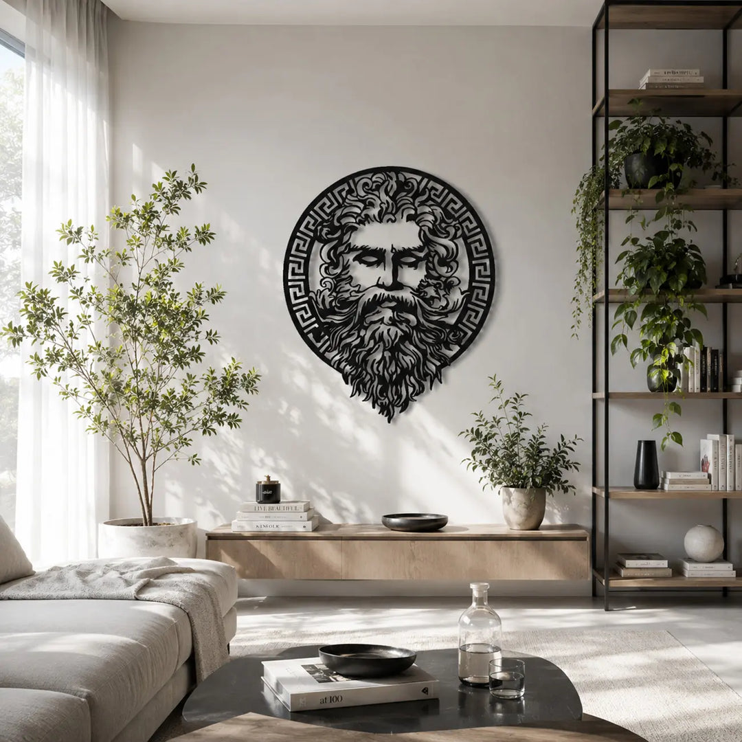 Klassieke 'Mythologisch Medaillon' wanddecoratie in de woonkamer. Classic 'Mythological Medallion' metal wall decor in the living room.