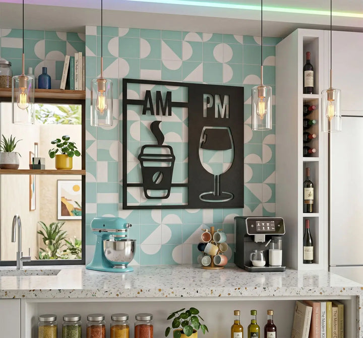 Grappige en moderne wanddecoratie over koffie en wijn voor de eetkamer of keuken. Funny and modern coffee and wine wall decor for the dining room or kitchen.