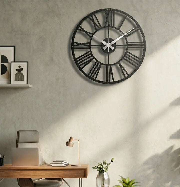Industrial Roman metalen wandklok Romeinse cijfers 51x51cm zwart geruisloos