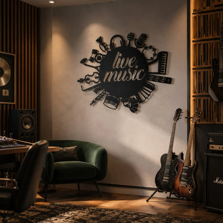 Sfeervolle industriële muziekkamer gedecoreerd met een stoere zwarte metalen muurdecoratie met muziekinstrumenten en 3D-schaduweffect.