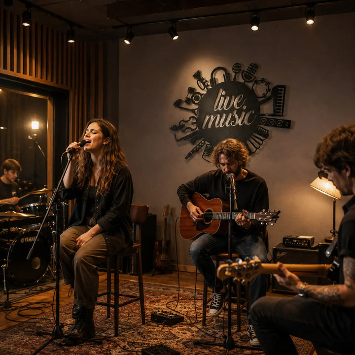 Sfeervolle en creatieve live muziekstudio gedecoreerd met een stoere zwarte metalen muurdecoratie met muziekinstrumenten en 3D-schaduweffect.