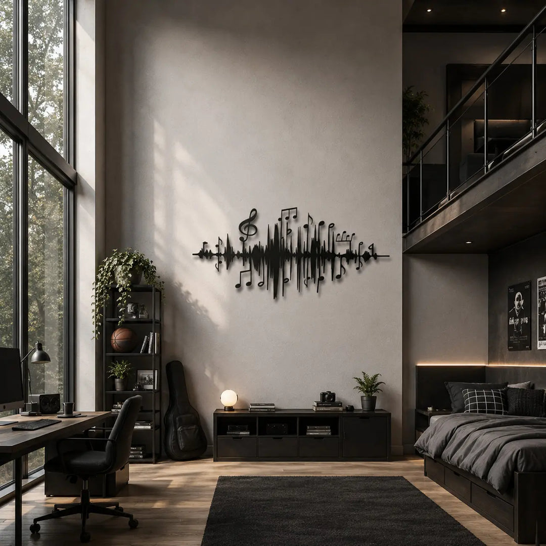 Zwarte metalen Rhythm Wave wanddecoratie hangend aan een muur in een stoere, industriële tienerkamer met hoge ramen en veel natuurlijk licht.