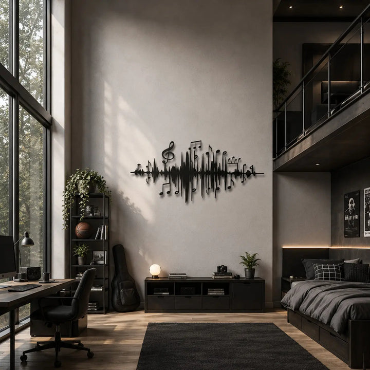 Zwarte metalen Rhythm Wave wanddecoratie hangend aan een muur in een stoere, industriële tienerkamer met hoge ramen en veel natuurlijk licht.