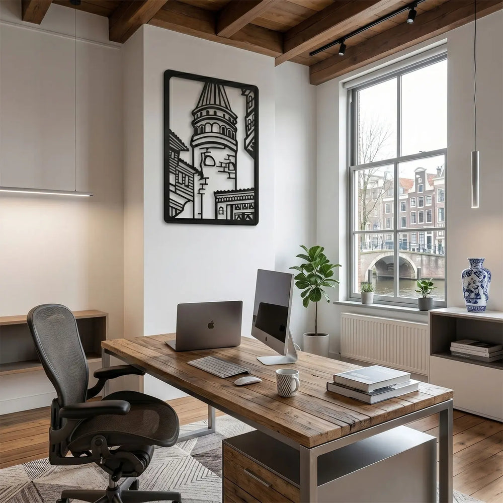 Metalen muurkunst van de iconische Galata Toren in Istanbul, perfect voor een inspirerende en professionele kantoorruimte.