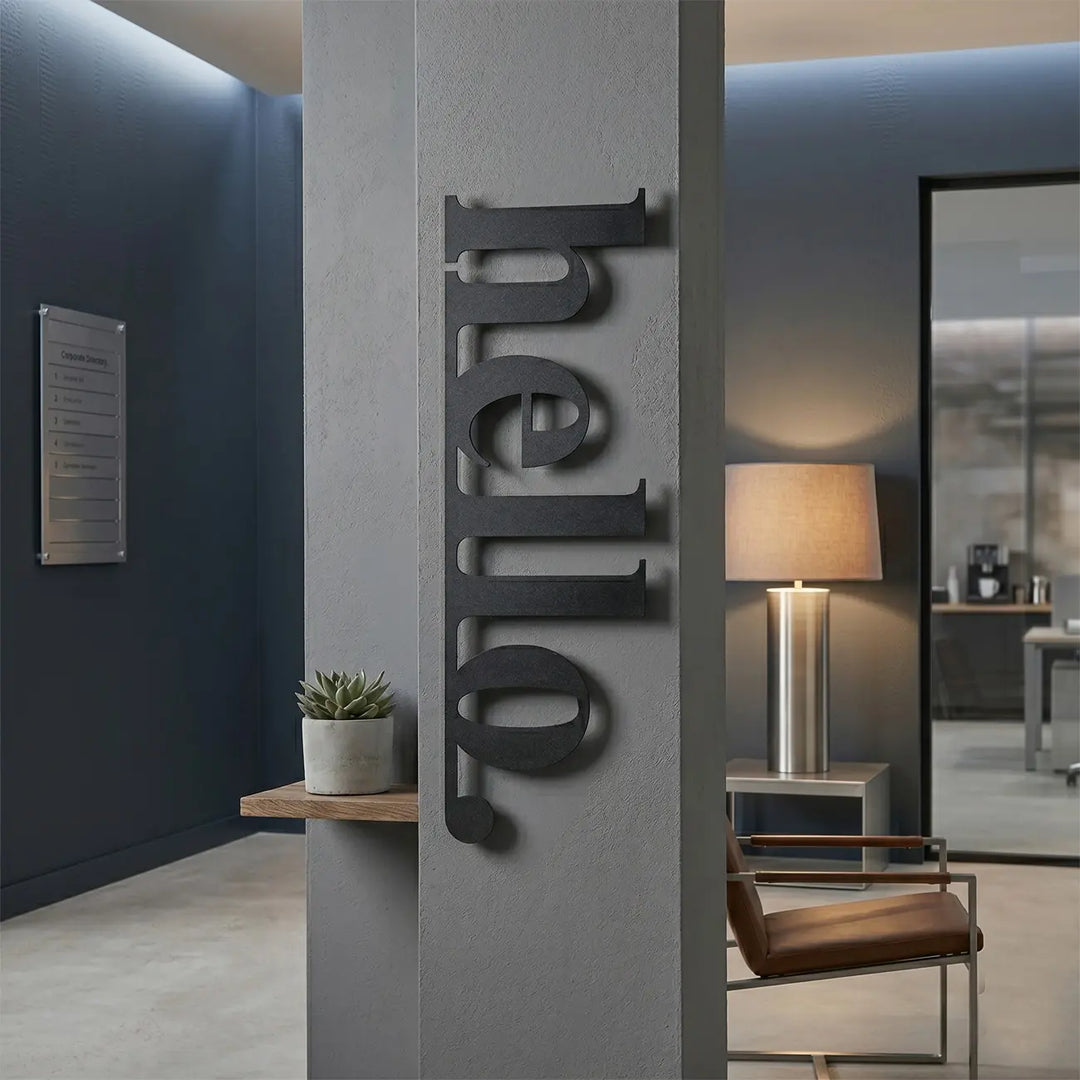Stijlvolle verticale 'hello' wanddecoratie van metaal bij de kantoorreceptie. Geef klanten en bezoekers een professioneel en gastvrij welkom.