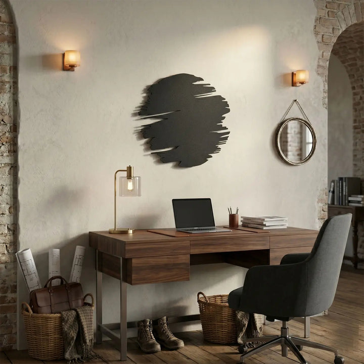 Creatieve 'Abstract Stroke' wanddecoratie voor een moderne werkplek of kantoor. Creative 'Abstract Stroke' wall decor for a modern workspace or office.