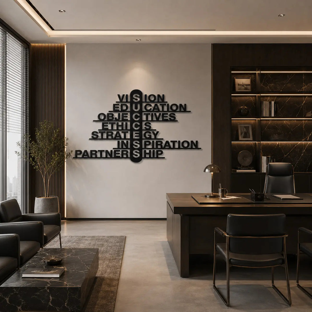 Professionele strategische wanddecoratie voor op kantoor of thuiswerkplek. Professional strategic office wall art for workspace.