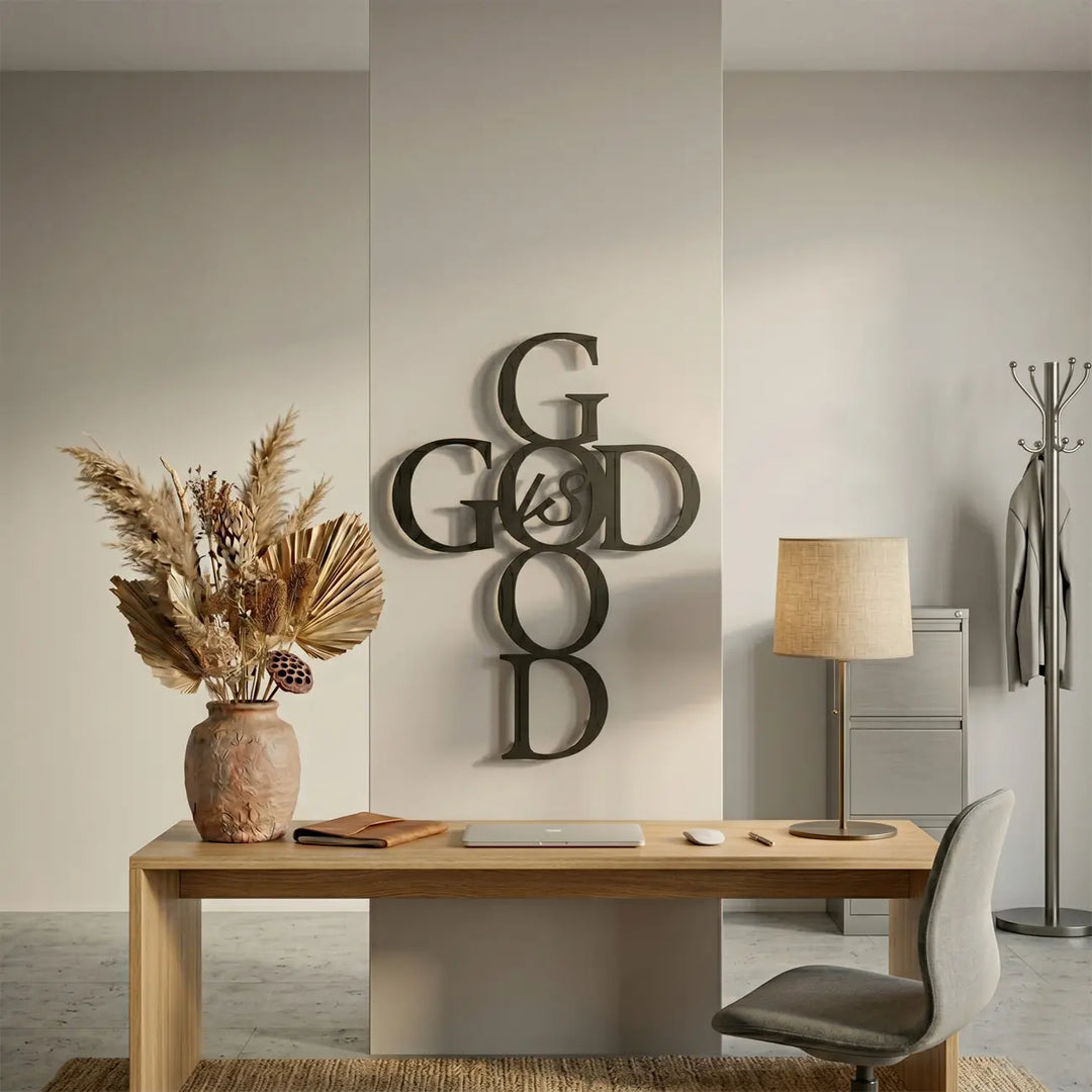 Minimalistische zwarte metalen wanddecoratie in een modern kantoor. Een dagelijkse religieuze inspiratie en rustpunt voor uw werkplek.