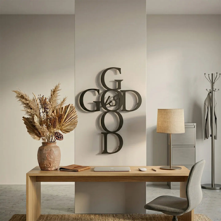 Minimalistische zwarte metalen wanddecoratie in een modern kantoor. Een dagelijkse religieuze inspiratie en rustpunt voor uw werkplek.