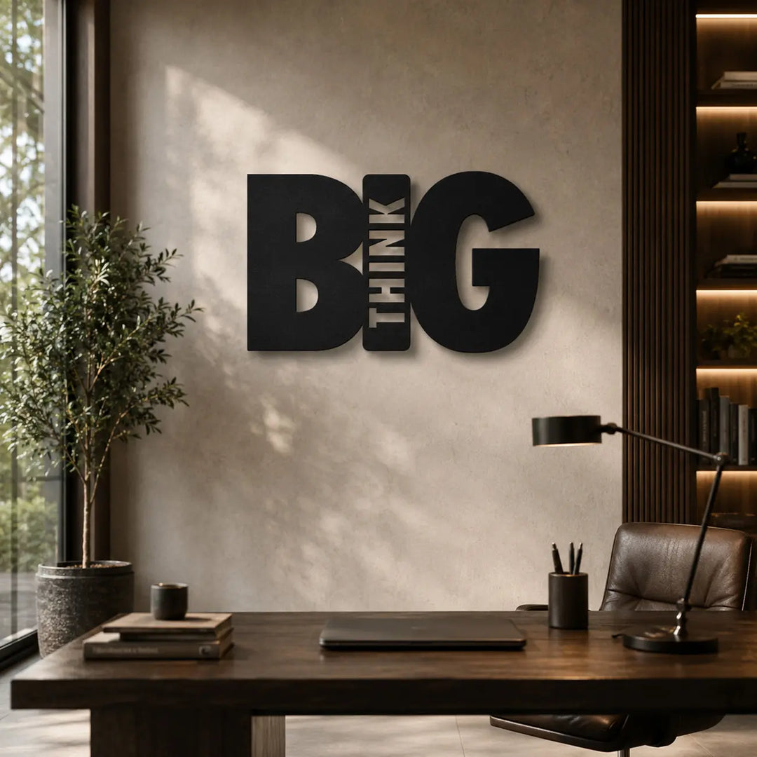 Boost je productiviteit en ambitie met de 'Think Big' metalen wanddecoratie. De perfecte, stoere motivatie voor je kantoor of thuiswerkplek.