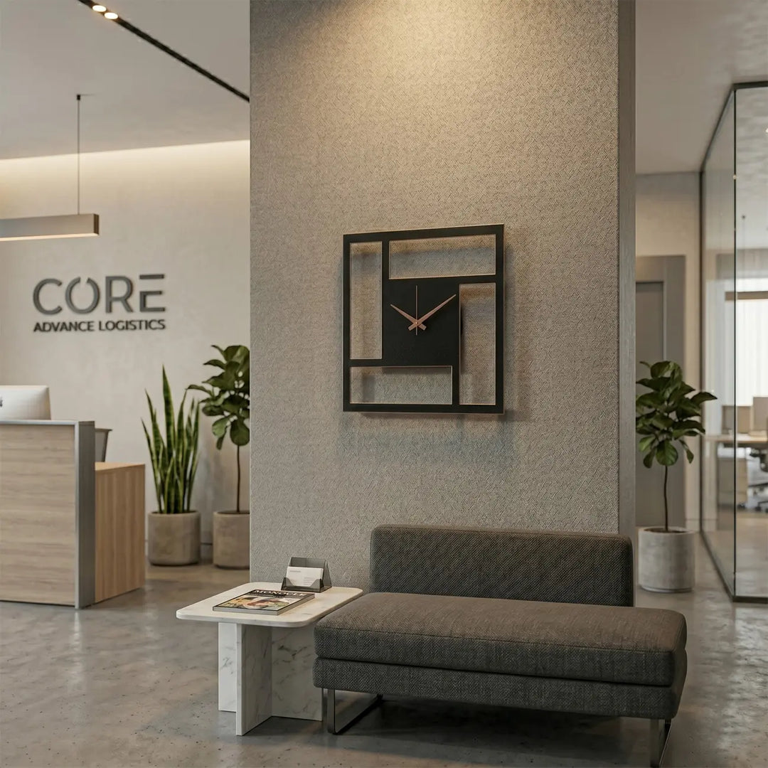 Professionele zwarte vierkante wandklok in een modern kantoor. De strakke geometrische lijnen passen perfect bij een minimalistische werkplek of bureau.