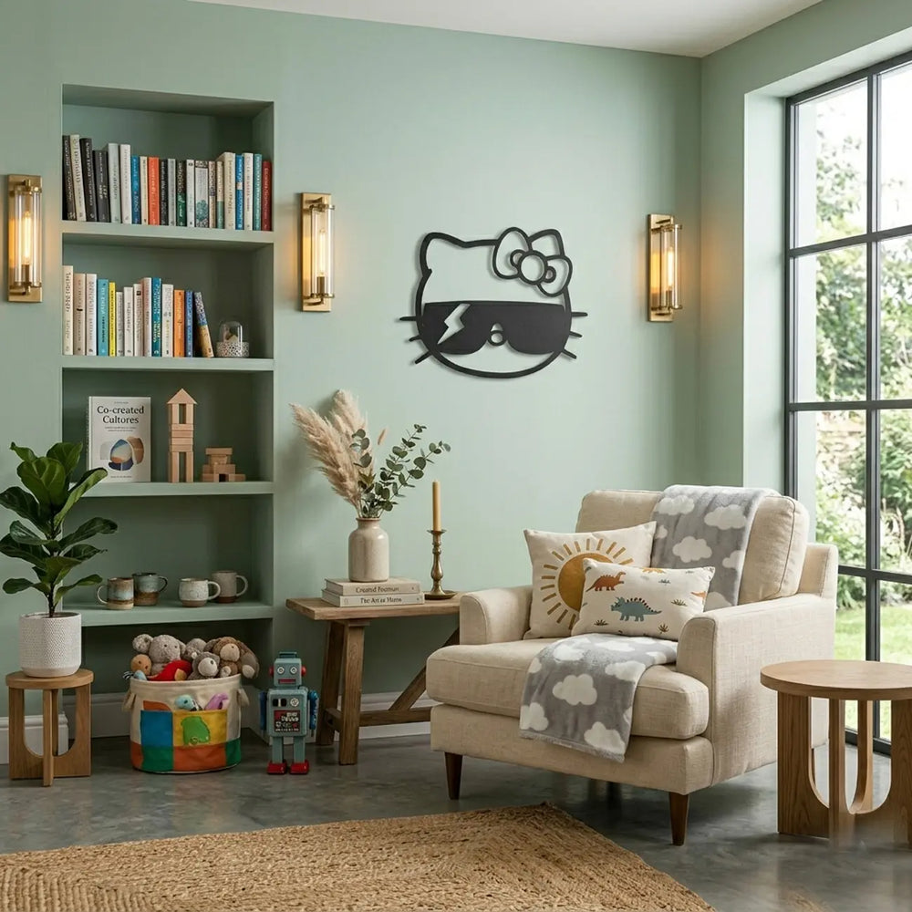 Schattige Hello Kitty metalen muurdecoratie boven het bureau in een tienerkamer. Perfect voor een kawaii interieur met roze en pastel accenten.