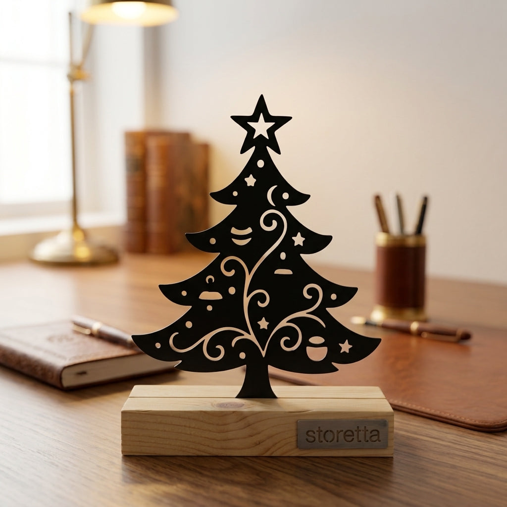 De Kerstboom met ster - Zwart metalen ornament op massief houten voet als feestelijke bureaudecoratie.
