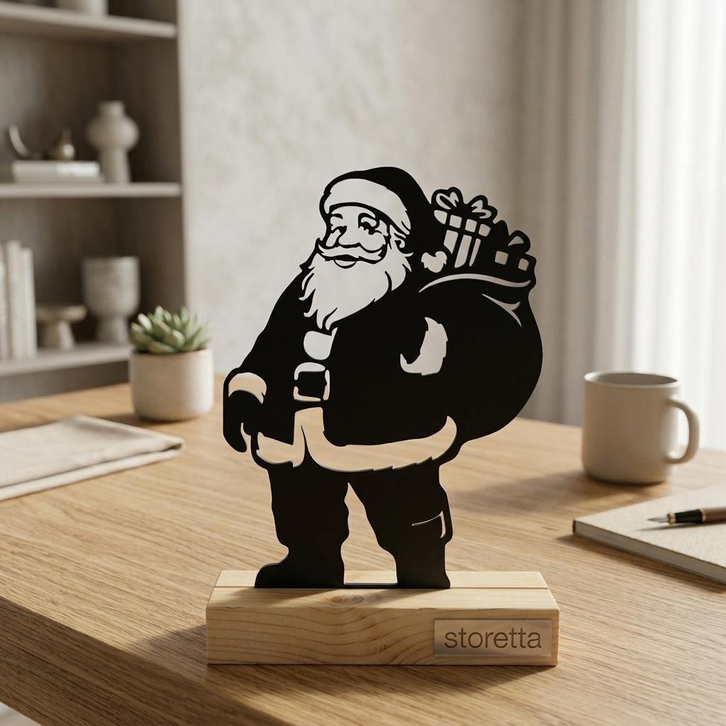 Kerstman beeldje op sokkel met gedetailleerde cadeautjes en baard voor dressoir, schouw of vensterbank.
