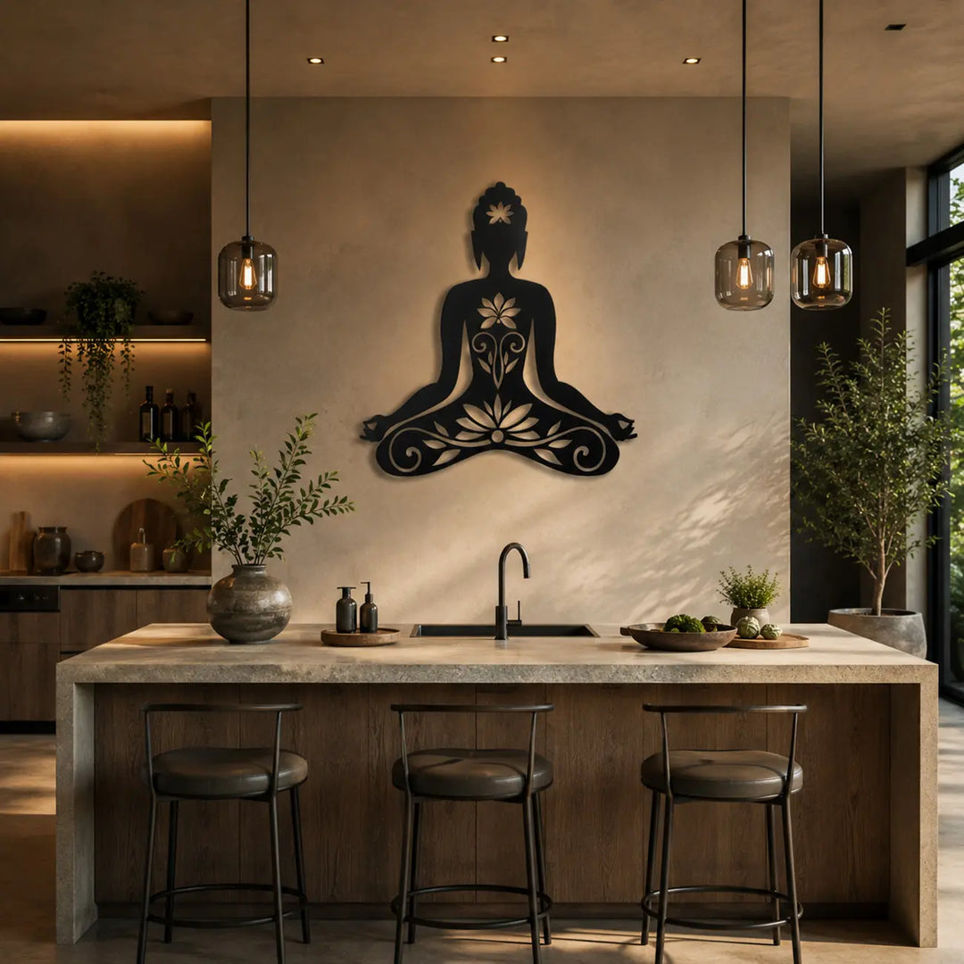 Breng rust en harmonie in het hart van je huis. De metalen Boeddha Lotus wanddecoratie staat prachtig aan de muur bij je eethoek of kookeiland.