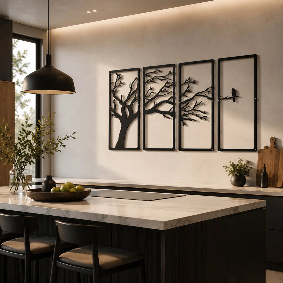 Creëer een warme, natuurlijke sfeer bij de eettafel met deze 4-delige metalen bomen set. Een rustgevende eyecatcher voor in de keuken of eethoek.