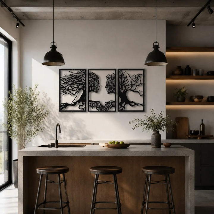 Geef de muur bij je kookeiland een warme uitstraling met de 3-delige metalen wanddecoratie 'Liefde in de Natuur'. Een unieke, sfeervolle eyecatcher voor de keuken.